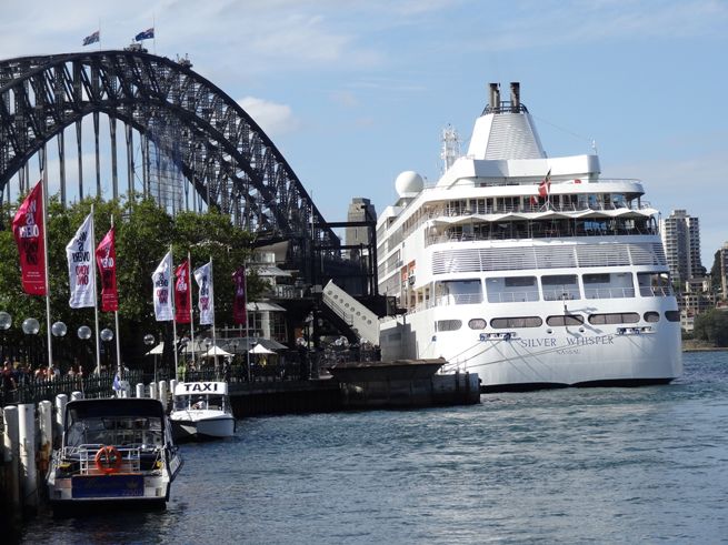 Australia-Silver-Whisper-at-Circular-Quay-with-Harbor-Bridge